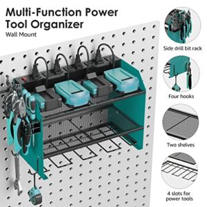 CCCEI Modular Power Tool Organizer Wall Mount with Charging Station. Garage 4 Drill Storage Shelf with Hooks, Screwdriver, Drill Bit Heavy Duty Rack, Tool Battery Holder Built in 8 Outlet Power Strip.