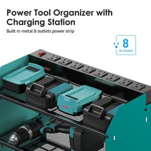 CCCEI Modular Power Tool Organizer Wall Mount with Charging Station. Garage 4 Drill Storage Shelf with Hooks, Screwdriver, Drill Bit Heavy Duty Rack, Tool Battery Holder Built in 8 Outlet Power Strip.