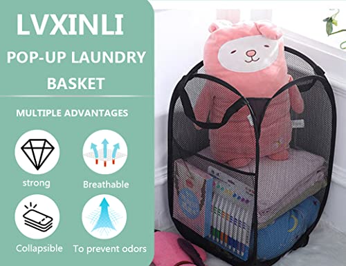 Popup Laundry Hamper,Foldable Mesh Laundry Basket with Durable Handle,Easy to Open and Fold for Dorm, Laundry Room, Bedroom, RV(Black)…