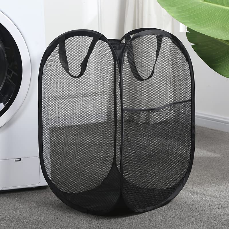 Popup Laundry Hamper,Foldable Mesh Laundry Basket with Durable Handle,Easy to Open and Fold for Dorm, Laundry Room, Bedroom, RV(Black)…