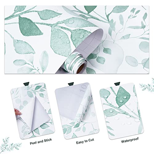 Melwod Green Breezy Leaves Peel and Stick Wallpaper 17.7” x 78.7” Neutral Watercolor Floral Leaf Contact Paper Self-Adhesive Vinyl for Drawer Cabinets Furniture Accent Walls