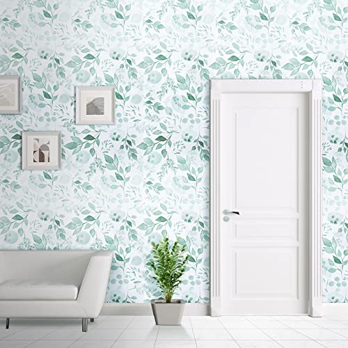 Melwod Green Breezy Leaves Peel and Stick Wallpaper 17.7” x 78.7” Neutral Watercolor Floral Leaf Contact Paper Self-Adhesive Vinyl for Drawer Cabinets Furniture Accent Walls