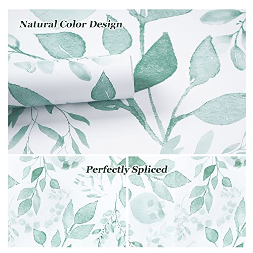 Melwod Green Breezy Leaves Peel and Stick Wallpaper 17.7” x 78.7” Neutral Watercolor Floral Leaf Contact Paper Self-Adhesive Vinyl for Drawer Cabinets Furniture Accent Walls