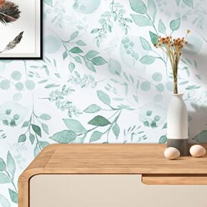 Melwod Green Breezy Leaves Peel and Stick Wallpaper 17.7” x 78.7” Neutral Watercolor Floral Leaf Contact Paper Self-Adhesive Vinyl for Drawer Cabinets Furniture Accent Walls