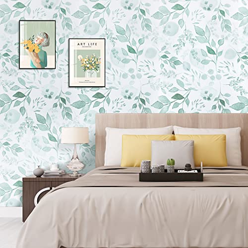 Melwod Green Breezy Leaves Peel and Stick Wallpaper 17.7” x 78.7” Neutral Watercolor Floral Leaf Contact Paper Self-Adhesive Vinyl for Drawer Cabinets Furniture Accent Walls