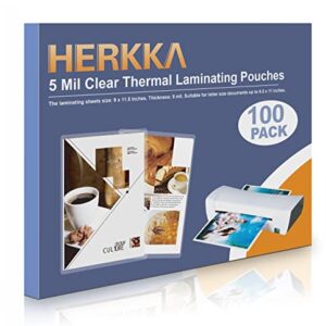 HERKKA 100 Pack Laminating Sheets, Holds 8.5 x 11 Inch Sheets, 5Mil Clear Thermal Laminating Pouches 9 x 11.5 Inch Lamination Sheet Paper for Laminator, Round Corner Letter Size