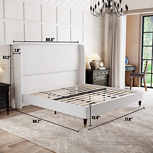 PaPaJet King Platform Bed Frame 51.2" High Headboard Linen Tall Upholstered Bed/No Box Spring Required/Wood Slat Support/Easy Assembly White