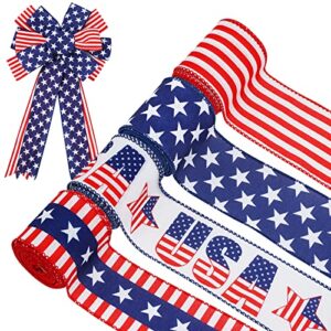 anydesign patriotic wired edge ribbon 24 yards usa flag stars stripes craft fabric ribbon 4th of july decorative wrapping ribbon for independence day memorial day wreath bow making diy crafts, 4 roll
