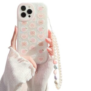 lolagigi for iphone 13 case pink heart peach bear cute shell pattern kawaii cartoon girly print design aesthetic for women girls tpu case with lovely peal charm lanyard beaded accessories