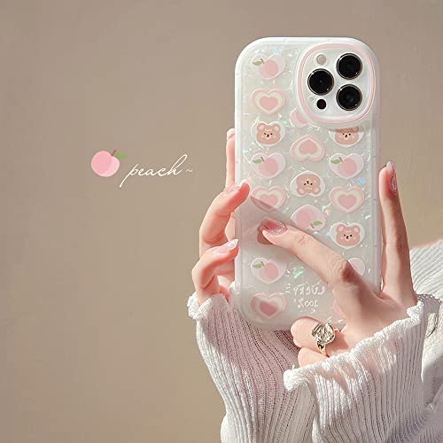 LOLAGIGI for iPhone 13 Case Pink Heart Peach Bear Cute Shell Pattern Kawaii Cartoon Girly Print Design Aesthetic for Women Girls TPU Case with Lovely Peal Charm Lanyard Beaded Accessories