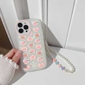 LOLAGIGI for iPhone 13 Case Pink Heart Peach Bear Cute Shell Pattern Kawaii Cartoon Girly Print Design Aesthetic for Women Girls TPU Case with Lovely Peal Charm Lanyard Beaded Accessories