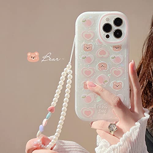 LOLAGIGI for iPhone 13 Case Pink Heart Peach Bear Cute Shell Pattern Kawaii Cartoon Girly Print Design Aesthetic for Women Girls TPU Case with Lovely Peal Charm Lanyard Beaded Accessories