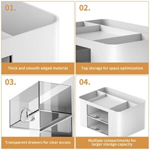 Marbrasse Pen Organizer with 2 Drawer, Multi-Functional Pencil Holder for Desk, Desk Organizers and Accessories with 5 Compartments + Drawer for Office Art Supplies (White)