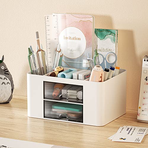 Marbrasse Pen Organizer with 2 Drawer, Multi-Functional Pencil Holder for Desk, Desk Organizers and Accessories with 5 Compartments + Drawer for Office Art Supplies (White)