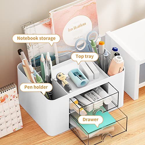 Marbrasse Pen Organizer with 2 Drawer, Multi-Functional Pencil Holder for Desk, Desk Organizers and Accessories with 5 Compartments + Drawer for Office Art Supplies (White)