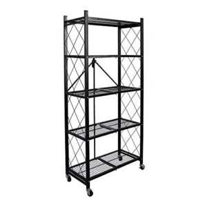 azure sky 5-tier foldable storage rack with wheels, folding metal shelves unit organizer, heavy-duty metal black wire folding storage rack no assembly, for garage kitchen pantry bedroom