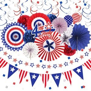 nicrolandee 4th of july decorations, 32pcs red white blue patriotic party decor, flag of paper, fans, pom poms, usa party supplies for independence day, labor day, presidents day