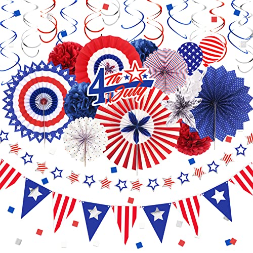 NICROLANDEE 4th of July Decorations, 32PCS Red White Blue Patriotic Party Decor, Flag of Paper, Fans, Pom Poms, USA Party Supplies for Independence Day, Labor Day, Presidents Day