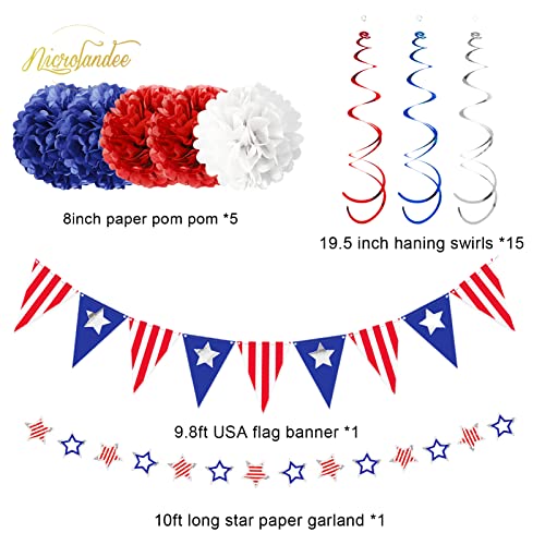 NICROLANDEE 4th of July Decorations, 32PCS Red White Blue Patriotic Party Decor, Flag of Paper, Fans, Pom Poms, USA Party Supplies for Independence Day, Labor Day, Presidents Day