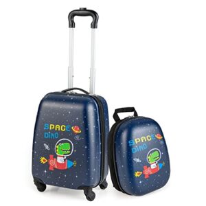 Olakids Kids Luggage Set, 16’’ Carry on Suitcase and 12’’ Travel Backpack with Rolling Spinner Wheels for Boys Girls, 2 Pcs Trolley Case Gift for Children Toddlers (Space Dinosaur)