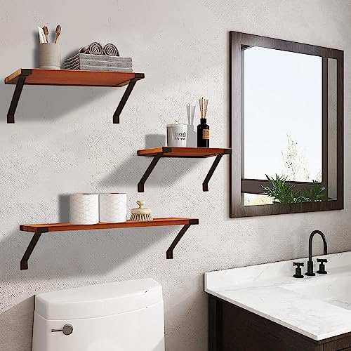 KIECUSOY Floating Shelves, 17 Inch Wall Shelf Set of 3, Farmhouse Wood Wall Shelves for Decor, Wall Mounted Wooden Display Shelf for Storage Office Bathroom Bedroom Living Room Kitchen