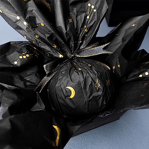 MR FIVE 100 Sheets Galaxy Tissue Paper Bulk,20" x 14",Black with Gold Moon and Star Tissue Paper for Gift Bags,Moon Star Gift Wrapping Tissue Paper for Birthday,Christmas Holiday