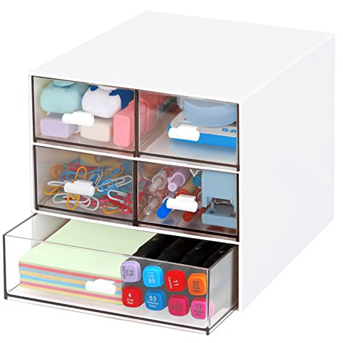 LETURE Desk Organizer with 5 Drawers, Rectangular Office Stationery Supplies Desktop Drawers, Plastic Makeup Storage, Suitable for Office, School, Home (White & 5 Drawers)