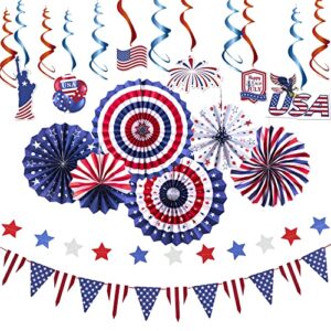 red white blue patriotic labor day 4th of july veteran day party decorations with decorative tissue paper fans streamers swirls star garlands banner for independence day birthday baby classroom decor