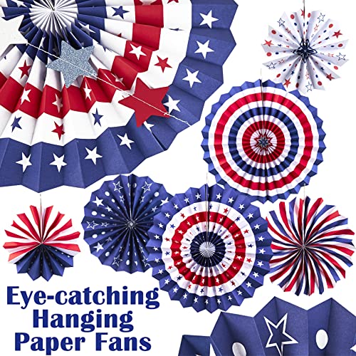 Red White Blue Patriotic Labor Day 4th of July Veteran Day Party Decorations with Decorative Tissue Paper Fans Streamers Swirls Star Garlands Banner for Independence Day Birthday Baby Classroom Decor