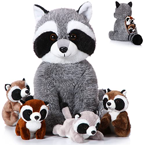 Harrycle 5 Pcs Raccoon Stuffed Animal Set 12.6'' Adorable Mommy Raccoon Plush with 4 Cute Baby Coons in Her Tummy Soft Cuddly Raccoon Plushie for Boys Girls Birthday Gifts Woodland Party Favors Decor