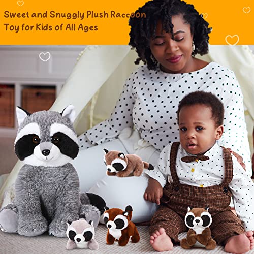 Harrycle 5 Pcs Raccoon Stuffed Animal Set 12.6'' Adorable Mommy Raccoon Plush with 4 Cute Baby Coons in Her Tummy Soft Cuddly Raccoon Plushie for Boys Girls Birthday Gifts Woodland Party Favors Decor