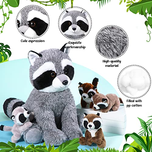 Harrycle 5 Pcs Raccoon Stuffed Animal Set 12.6'' Adorable Mommy Raccoon Plush with 4 Cute Baby Coons in Her Tummy Soft Cuddly Raccoon Plushie for Boys Girls Birthday Gifts Woodland Party Favors Decor