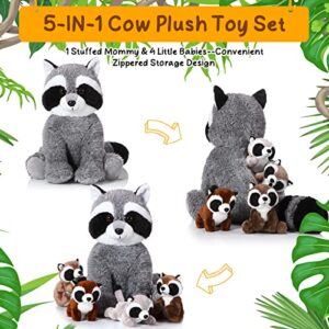 Harrycle 5 Pcs Raccoon Stuffed Animal Set 12.6'' Adorable Mommy Raccoon Plush with 4 Cute Baby Coons in Her Tummy Soft Cuddly Raccoon Plushie for Boys Girls Birthday Gifts Woodland Party Favors Decor