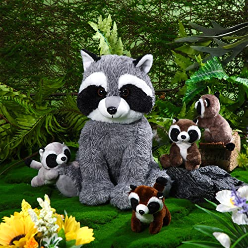 Harrycle 5 Pcs Raccoon Stuffed Animal Set 12.6'' Adorable Mommy Raccoon Plush with 4 Cute Baby Coons in Her Tummy Soft Cuddly Raccoon Plushie for Boys Girls Birthday Gifts Woodland Party Favors Decor