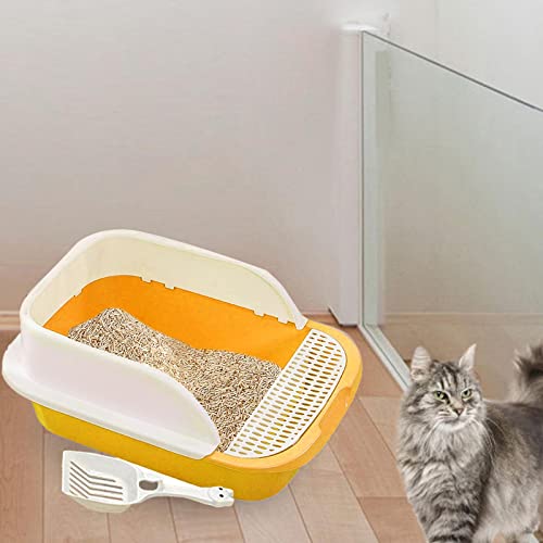 ＫＬＫＣＭＳ Cat Litter Box with Scooper Detachable Tall Cat Litter Box with Frame Cat Litter Pan Kitten Litter Pan Kitty Litter Tray Kitty Litter Pan, Yellow, Large