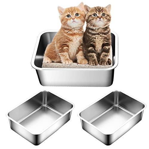 3 Pack Stainless Steel Cat Litter Box, Large Size with 5.9in High Sides Metal Pet Litter Box Non Stick Smooth Surface for Cat Rabbits (15.7 x 11.8 x 5.9 inches)