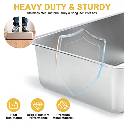 3 Pack Stainless Steel Cat Litter Box, Large Size with 5.9in High Sides Metal Pet Litter Box Non Stick Smooth Surface for Cat Rabbits (15.7 x 11.8 x 5.9 inches)