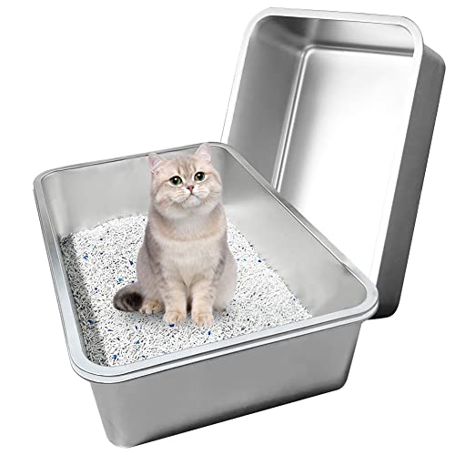 3 Pack Stainless Steel Cat Litter Box, Large Size with 5.9in High Sides Metal Pet Litter Box Non Stick Smooth Surface for Cat Rabbits (15.7 x 11.8 x 5.9 inches)