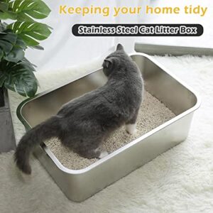 3 Pack Stainless Steel Cat Litter Box, Large Size with 5.9in High Sides Metal Pet Litter Box Non Stick Smooth Surface for Cat Rabbits (15.7 x 11.8 x 5.9 inches)