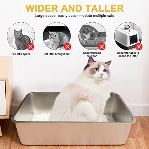 3 Pack Stainless Steel Cat Litter Box, Large Size with 5.9in High Sides Metal Pet Litter Box Non Stick Smooth Surface for Cat Rabbits (15.7 x 11.8 x 5.9 inches)