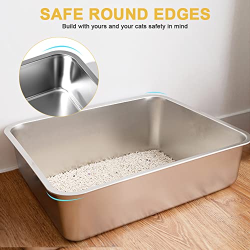 3 Pack Stainless Steel Cat Litter Box, Large Size with 5.9in High Sides Metal Pet Litter Box Non Stick Smooth Surface for Cat Rabbits (15.7 x 11.8 x 5.9 inches)