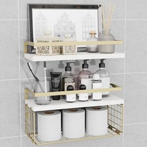 mzf floating shelves with wire storage basket for toilet paper, wall decor for bathroom/living room/kitchen/bedroom, (gold-white-gold) shelves for home decor