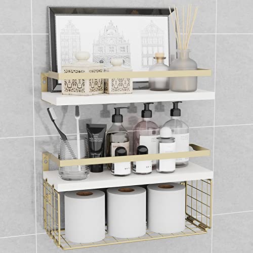 MZF Floating Shelves with Wire Storage Basket for Toilet Paper, Wall Decor for Bathroom/Living Room/Kitchen/Bedroom, (Gold-White-Gold) Shelves for Home Decor