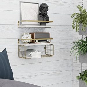 MZF Floating Shelves with Wire Storage Basket for Toilet Paper, Wall Decor for Bathroom/Living Room/Kitchen/Bedroom, (Gold-White-Gold) Shelves for Home Decor