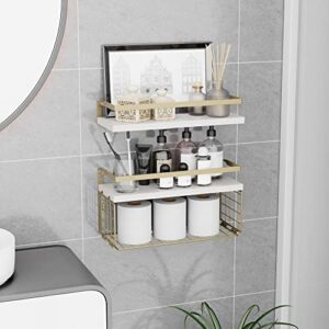 MZF Floating Shelves with Wire Storage Basket for Toilet Paper, Wall Decor for Bathroom/Living Room/Kitchen/Bedroom, (Gold-White-Gold) Shelves for Home Decor