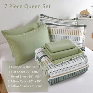 Davulos Boho Stripe Comforter Set Queen Size 7 Piece Bed in a Bag, White Sage Green Patchwork Striped Comforter and Sheet Set, Soft Microfiber Complete Bedding Set for All Season(Green,Queen)