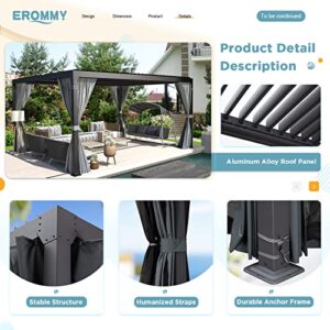 EROMMY 10' x 12' Outdoor Louvered Pergola, Patio Hardtop Gazebo, Sun Shade Shelter, Adjustable Metal Roof Hardtop Gazebo for Deck Patio Garden Yard, Curtains and Netting Included, Black