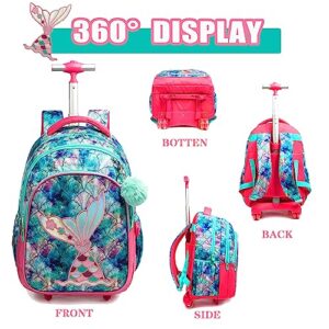 Oruiji Mermaid Rolling Backpack for Girls Backpack with Wheels Kids Wheeled School Backpack with Lunch Bag Trolley Luggage Suitcase for Girls 8-12