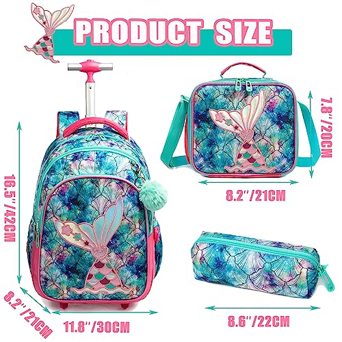 Oruiji Mermaid Rolling Backpack for Girls Backpack with Wheels Kids Wheeled School Backpack with Lunch Bag Trolley Luggage Suitcase for Girls 8-12