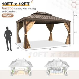 EROMMY 10'x12' Hardtop Gazebo Double Roof Galvanized Steel Canopy Outdoor Aluminum Frame Permanent Metal Pavilion with Netting and Curtains for Patio Backyard Deck and Lawns